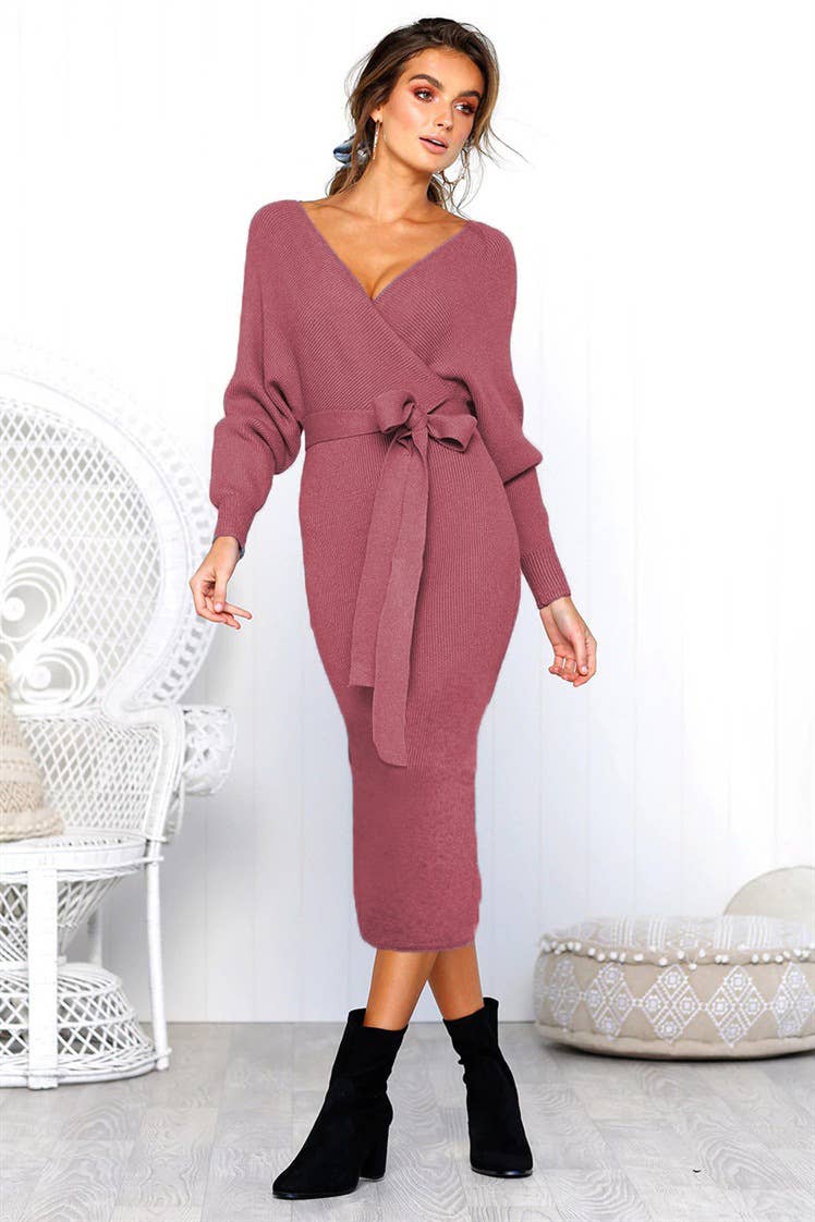 SEXY V-NECK LACE-UP LONG-SLEEVED DRESS