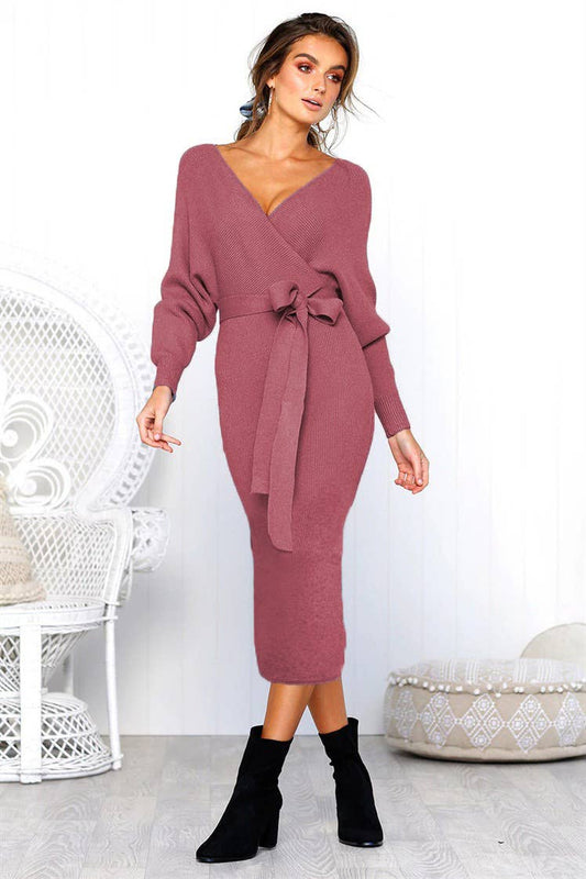 SEXY V-NECK LACE-UP LONG-SLEEVED DRESS