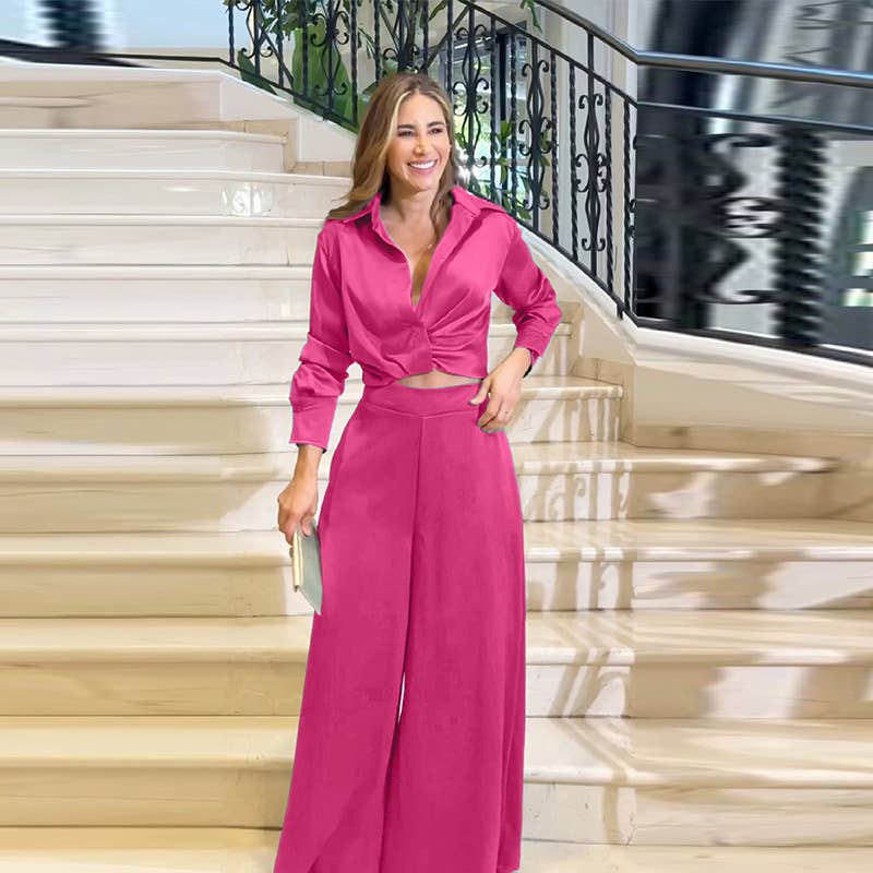 SEXY PLEATED LONG SLEEVE WIDE LEG PANTS SUIT
