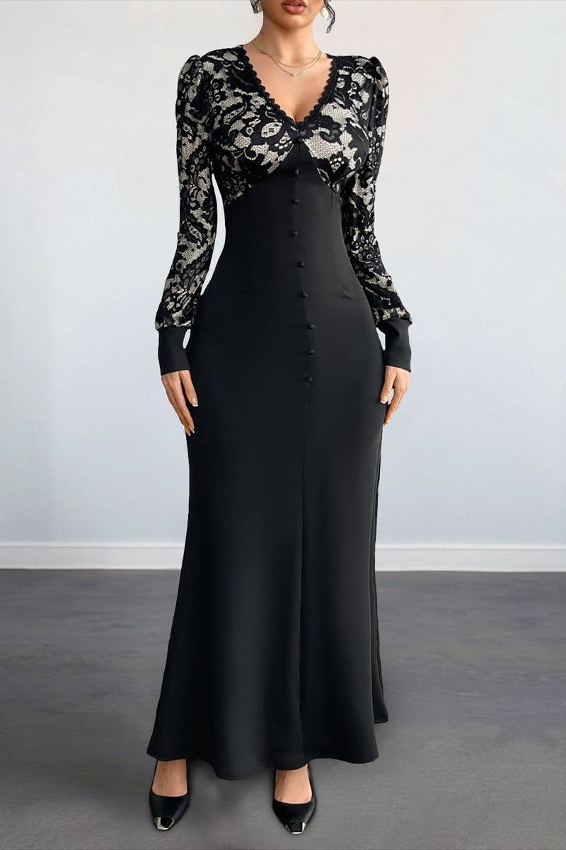 CWDMD6286_SEXY VINTAGE V-NECK LACE TRIM LONG SLEEVE DRESS