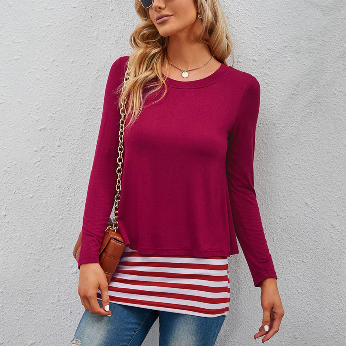 FAKE TWO CREW NECK STRETCH LOOSE STRIPED T-SHIRTS