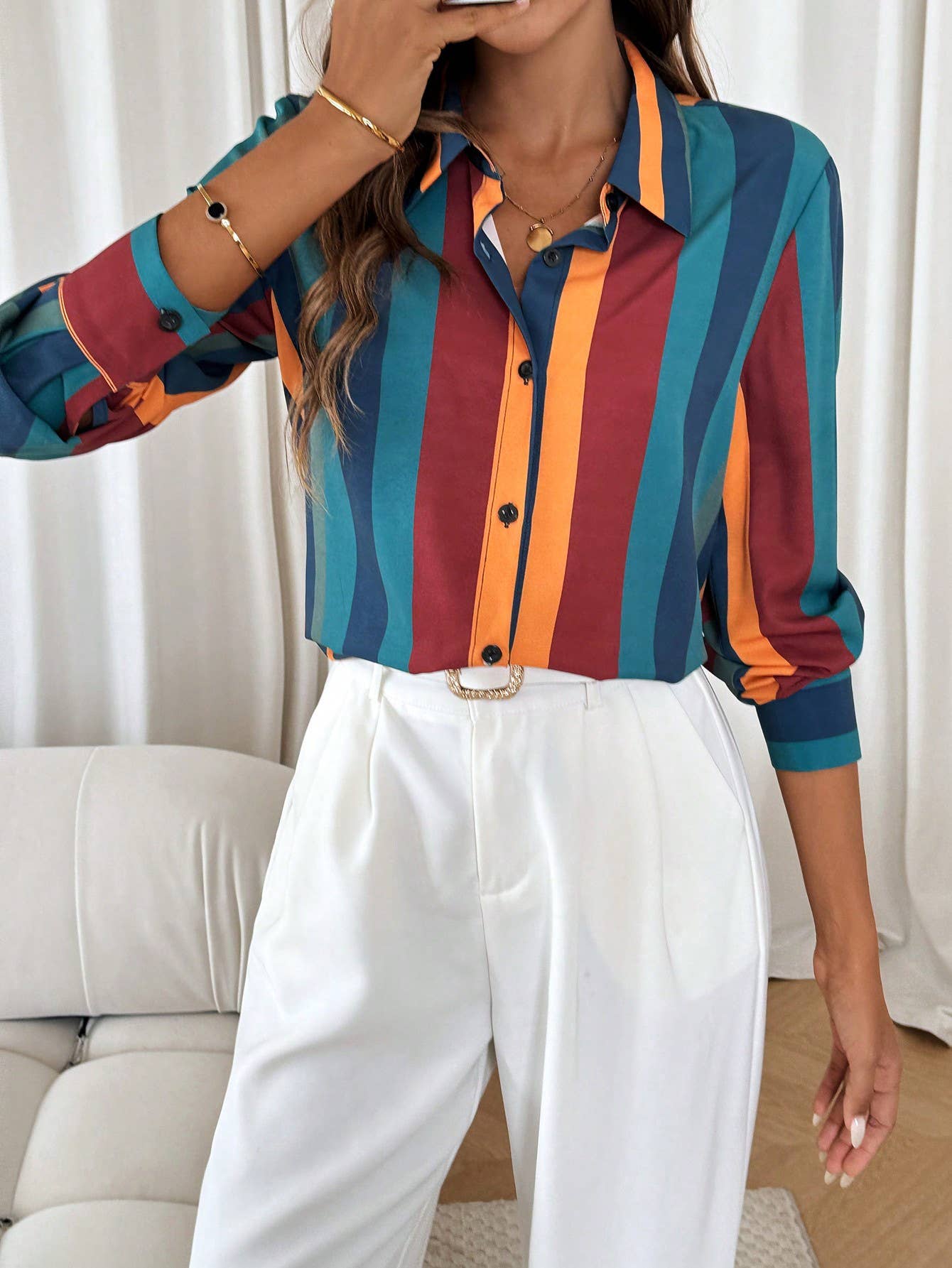 LONG SLEEVE COLOR CONTRAST STRIPED LAPEL SHIRT