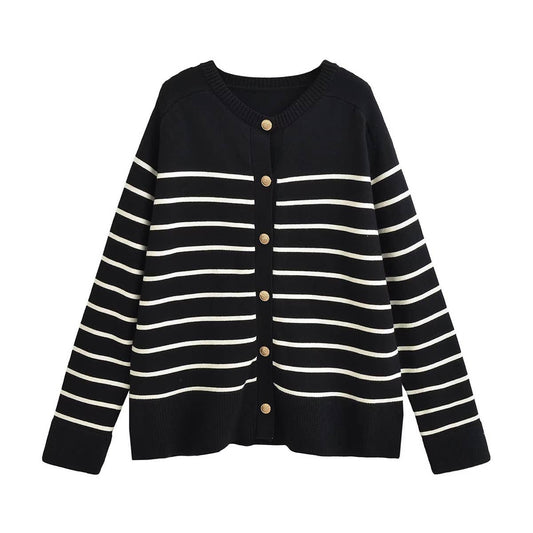 STRIPED LONG-SLEEVED SINGLE-BREASTED CARDIGAN