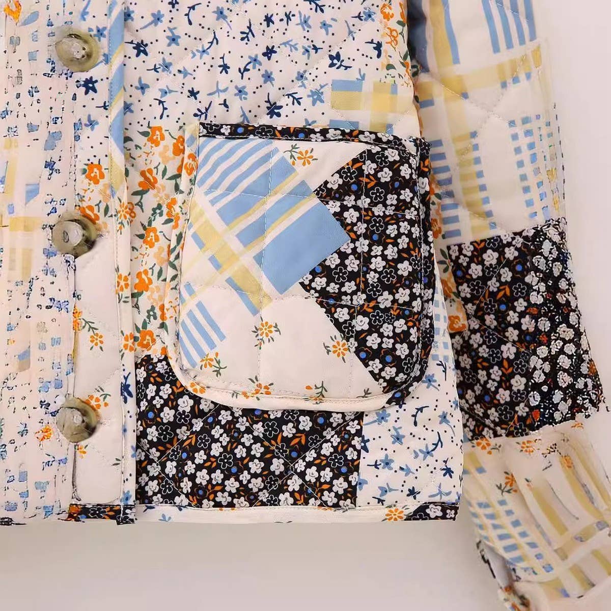 FLORAL PRINT PANELED BUTTON QUILTED JACKET