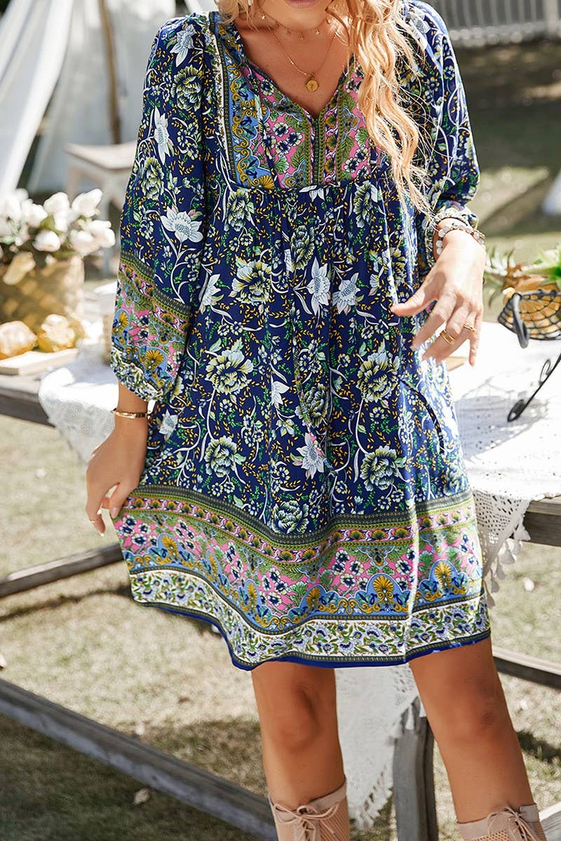 CWDSD10494_CONTRAST COLOR TIE THREE-QUARTER SLEEVE DRESS