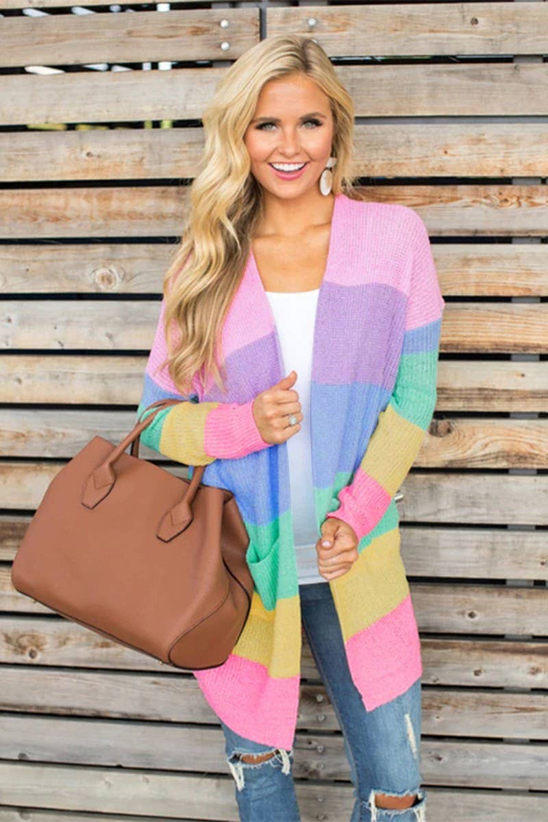 CWOCAL00701_LOOSE COLORBLOCK STRIPED LONG KNIT CARDIGAN