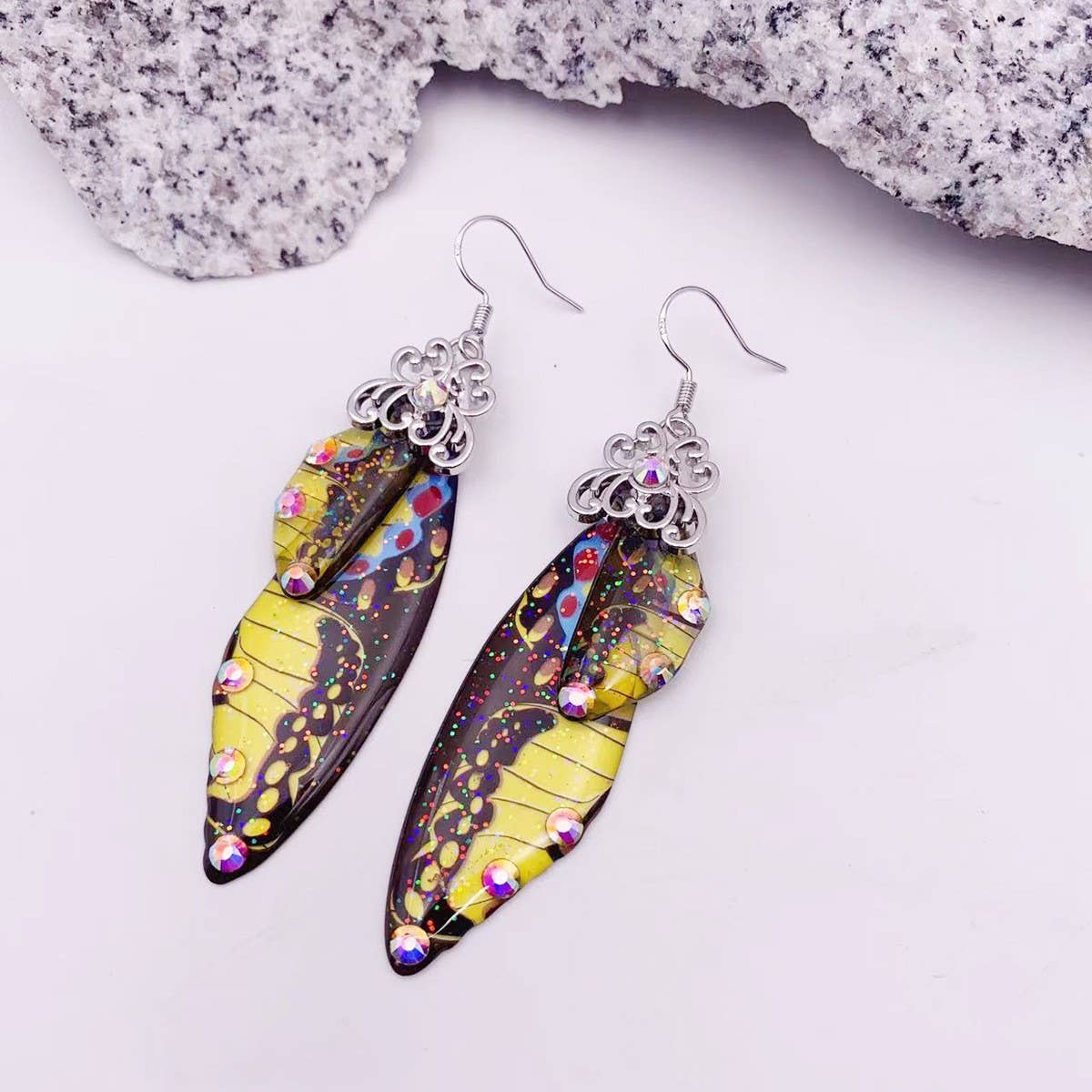 Elegant long earrings with cicada wing wings