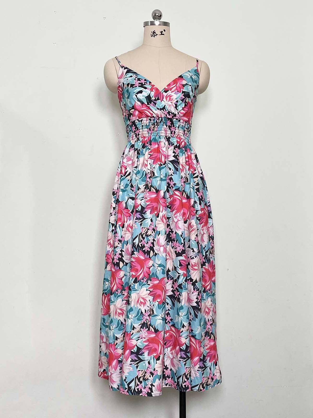 PRINTED HALTER V-NECK WAIST DRESS