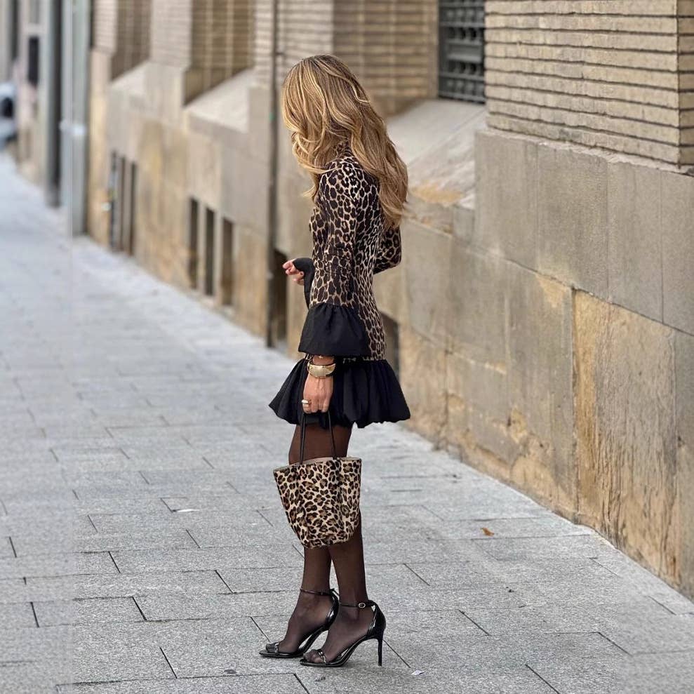 PATCHWORK TRUMPET SLEEVE LEOPARD PATCHWORK DRESS