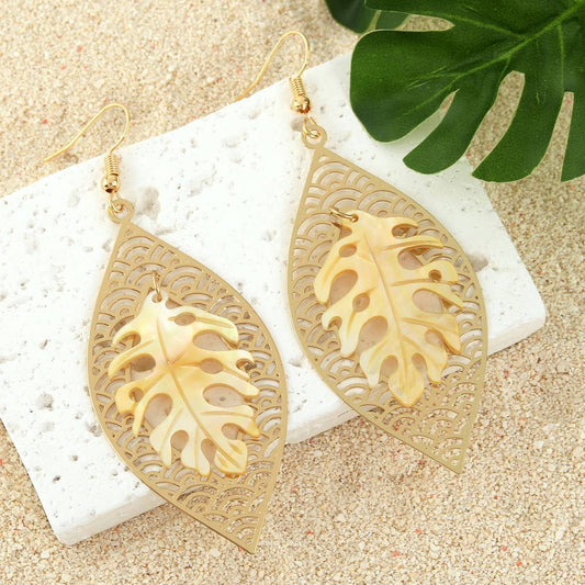 HOLLOW YELLOW SHELL LEAF CARVED EARRINGS