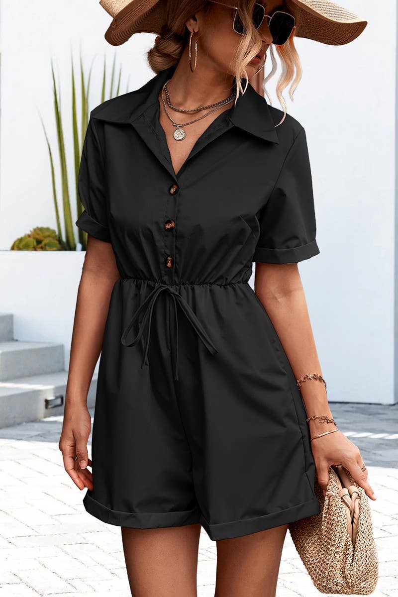 SHIRT COLLAR SHORT SLEEVE LACE UP SHORT JUMPSUIT_CWSJS0417