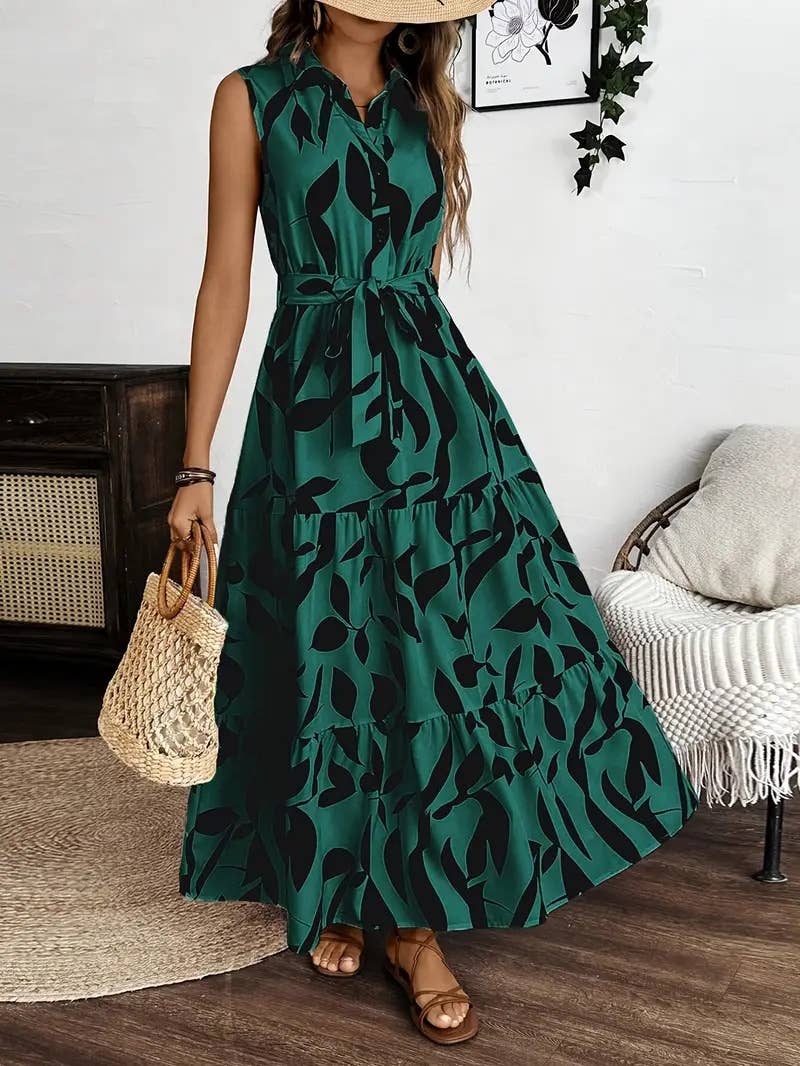 Elegant printed and a cinched waist long dress