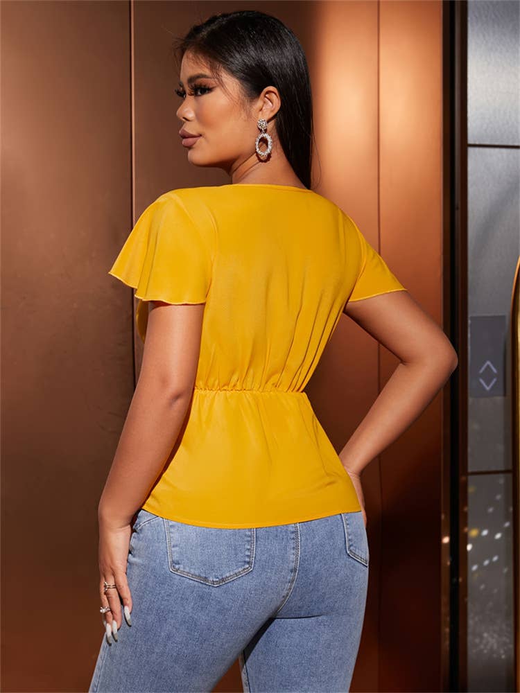 V-neck twist waist fly sleeve elegant T-shirt