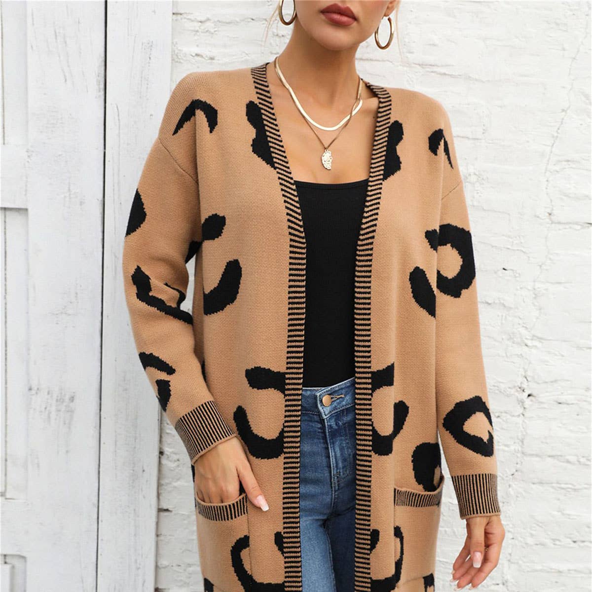 Leopard print jacquard long cardigan without button