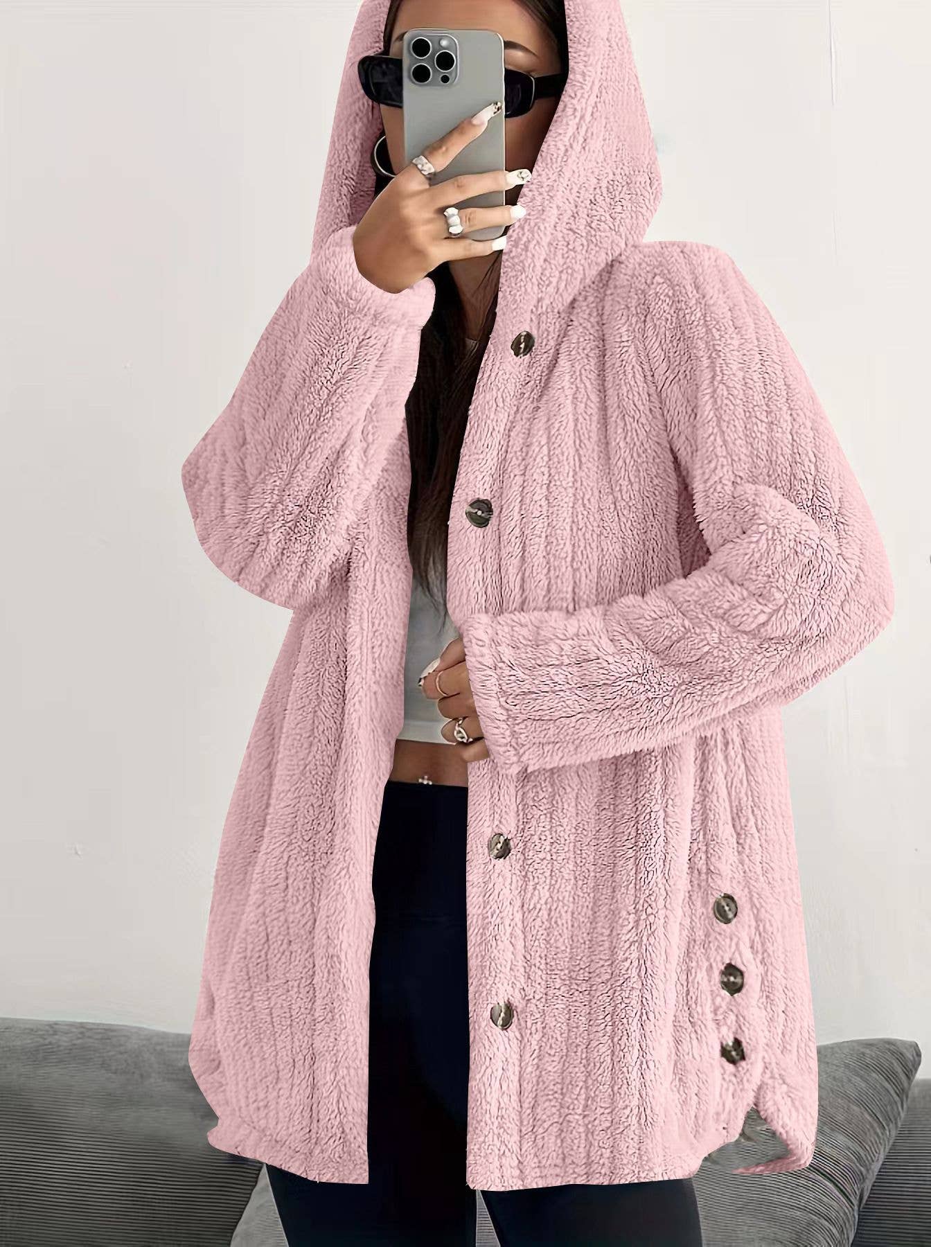 SOLID COLOR LONG SLEEVE HOODED LOOSE FLUFFY COAT