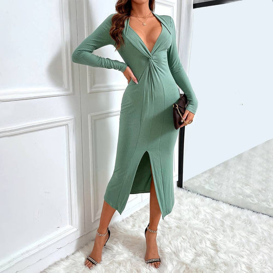SLIT SLIM DRESS WITH DEEP V-NECK AND LONG SLEEVES