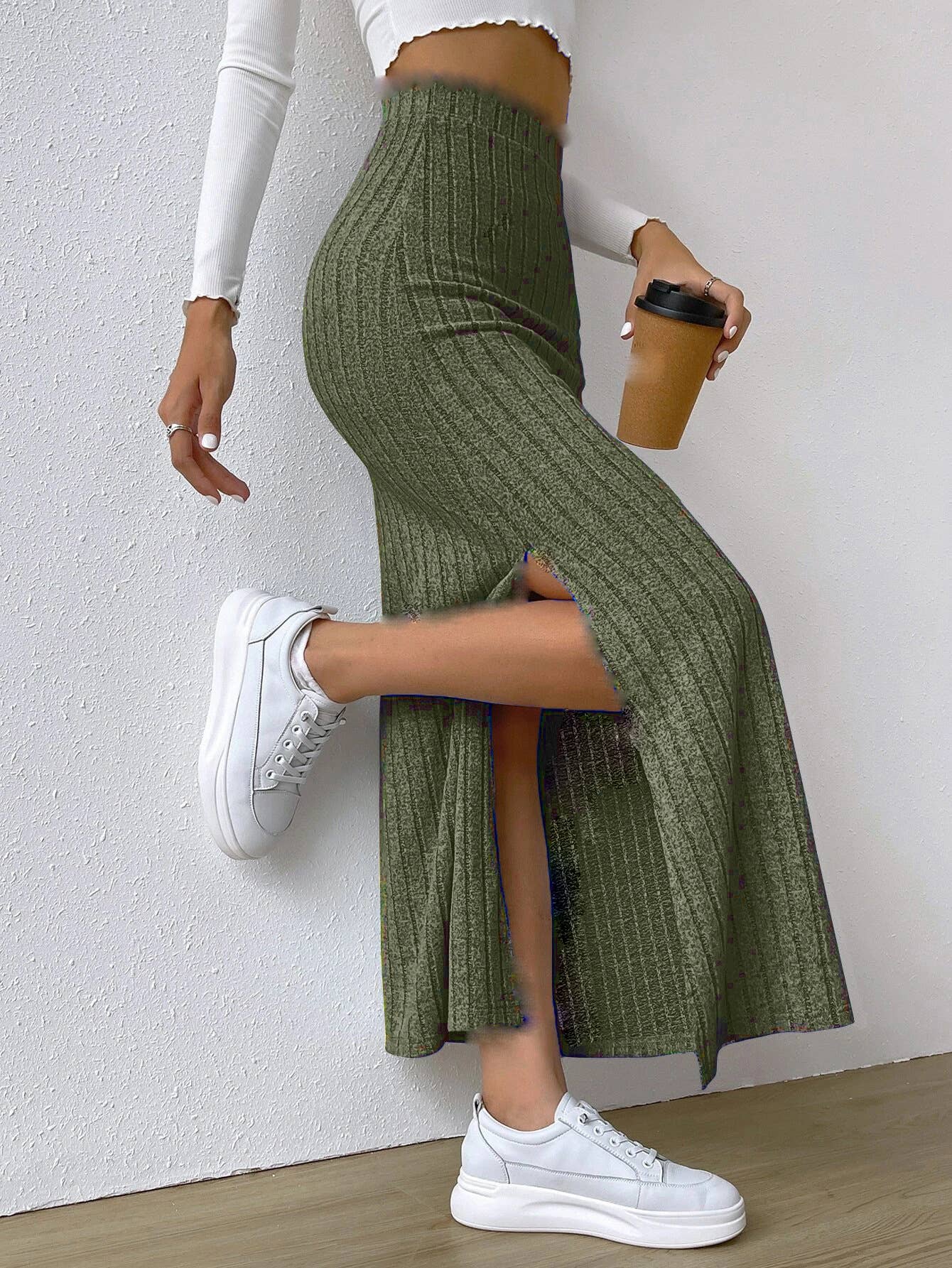 HIGH WAIST SIDE SLIT SLIM KNIT SKIRT