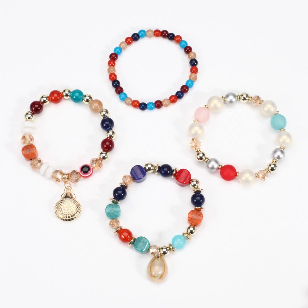 CWAJE05692_BOHO SHELL PEARL ELASTIC EVIL EYE BRACELET