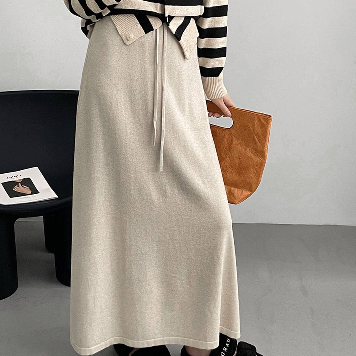 Solid color all-in-one drawstring knit A-line skirt