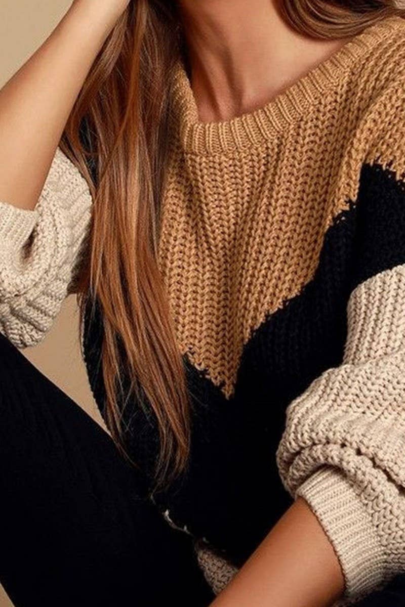 Irregular crew neck V-shaped pullover sweater