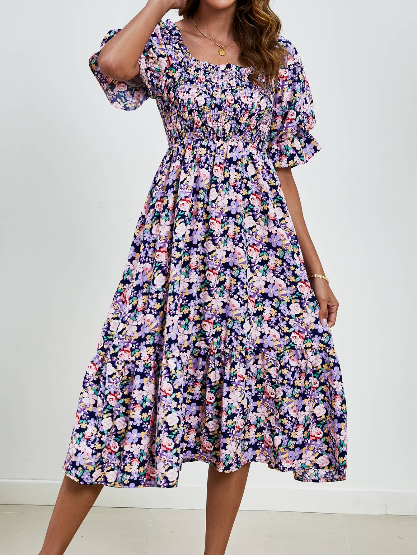 Print pleated square collar puffed sleeves dress