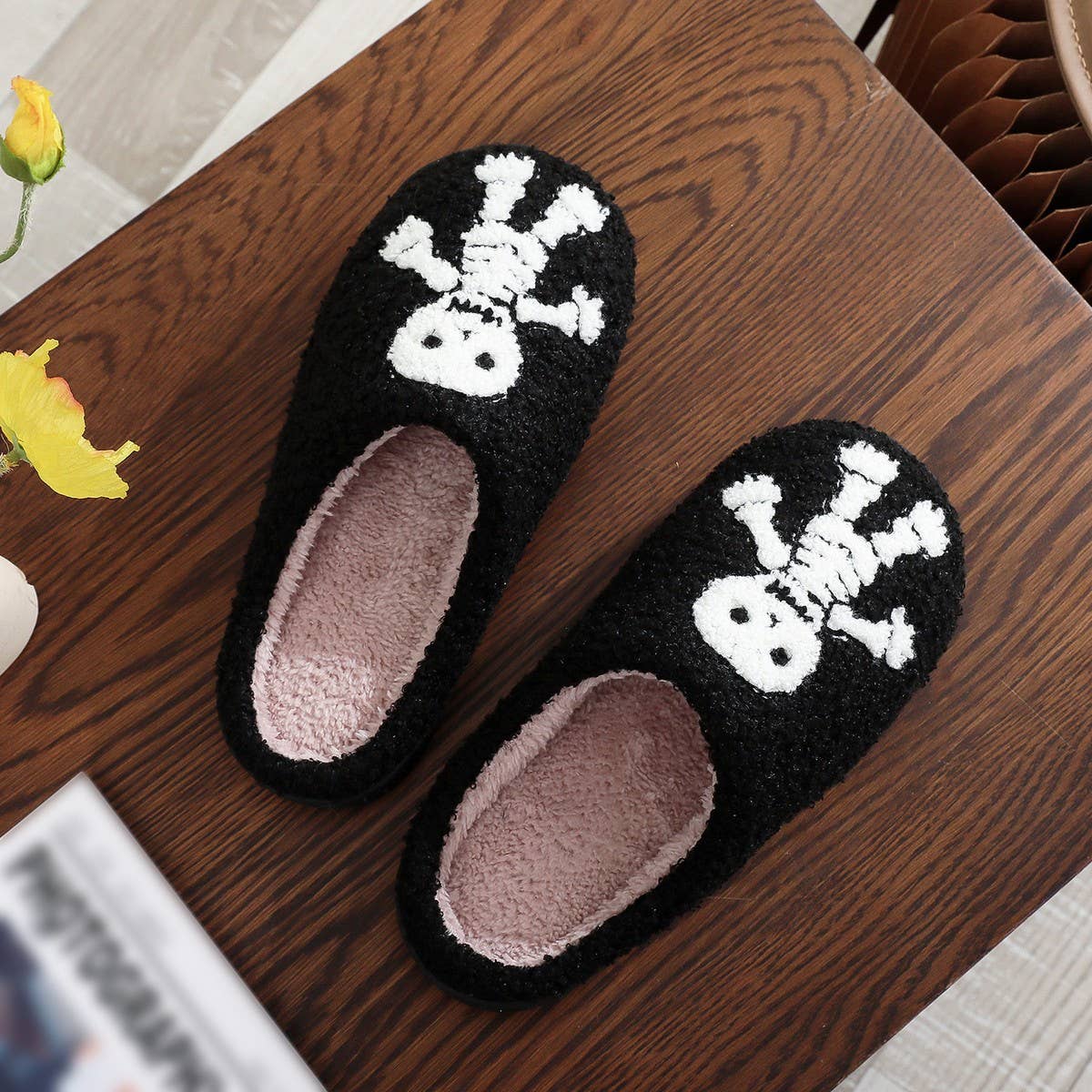 HALLOWEEN SKULL EMBROIDERED COTTON SLIPPERS