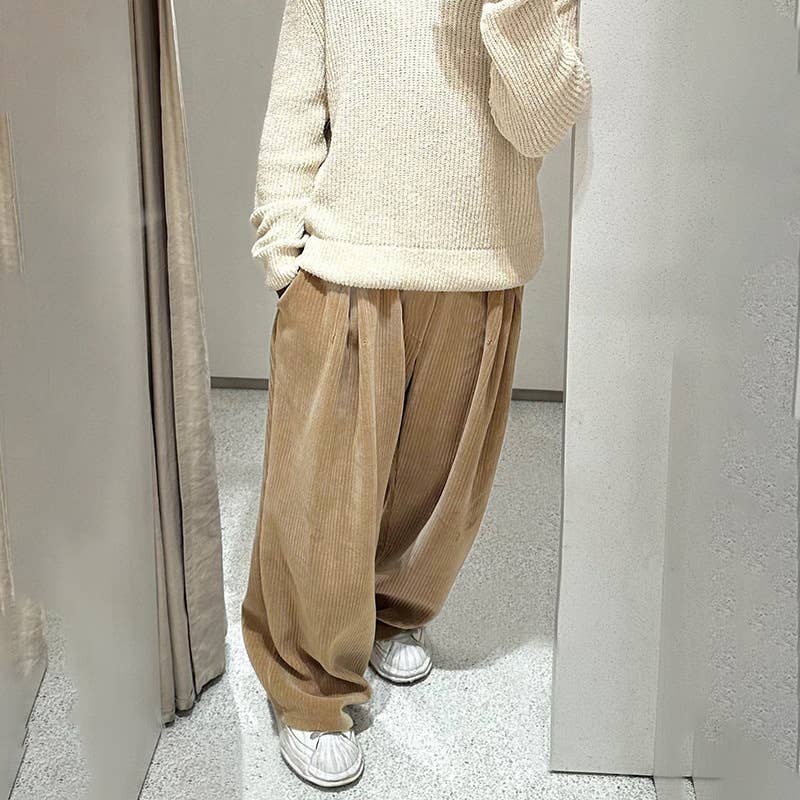 SOLID COLOR CORDUROY HIGH WAISTED CASUAL PANTS