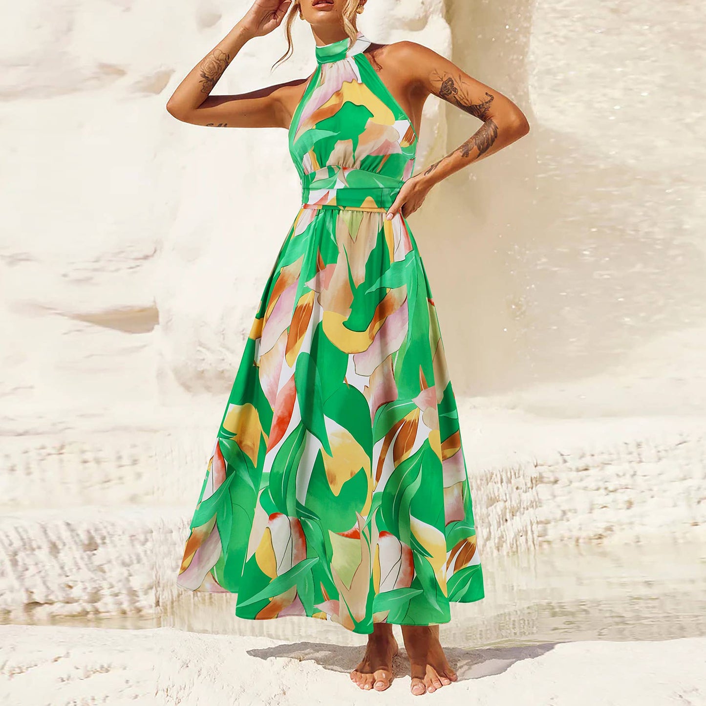 Sleeveless Halter Neck Printed Midi Dress