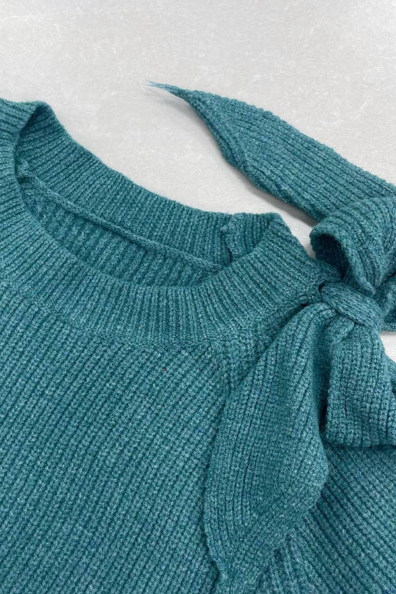 CWOSWL07629_ONE SHOULDER BOW TIE LANTERN SLEEVE SWEATER