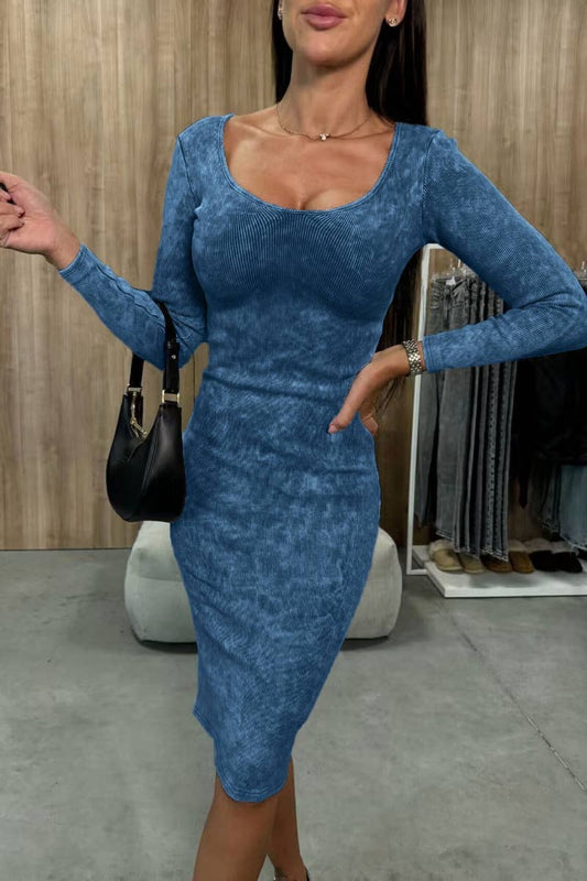 CWDSD6032_SOLID COLOR LONG SLEEVE V-NECK SLIM-FIT DRESS