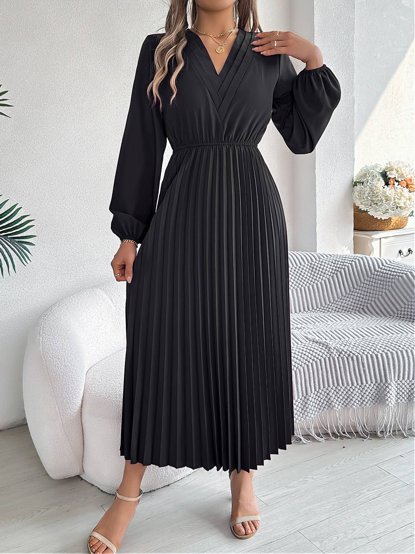 TRIPLE V-NECK LONG-SLEEVED WAIST PLEATED DRESS