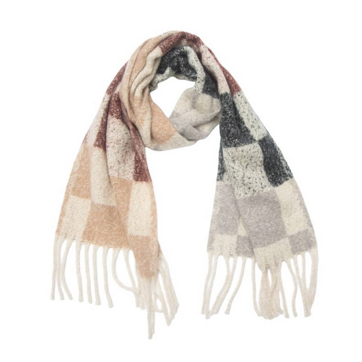 Tassel Circle Yarn Checkered Scarf for Fall/Winter
