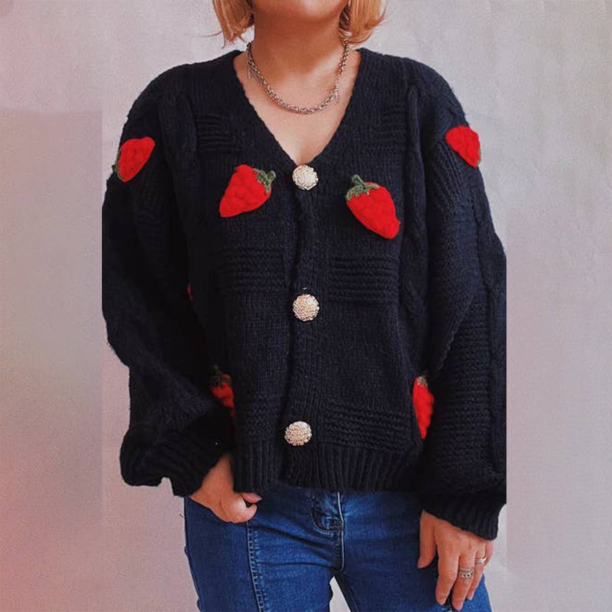 Strawberry embroidery single breasted cardigan