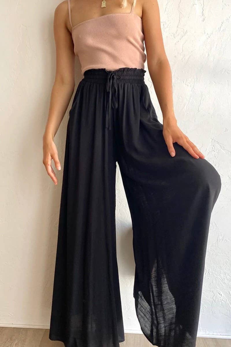 CWBLP0705_SOLID COLOR ELASTIC WAIST TIE WIDE LEG PANTS