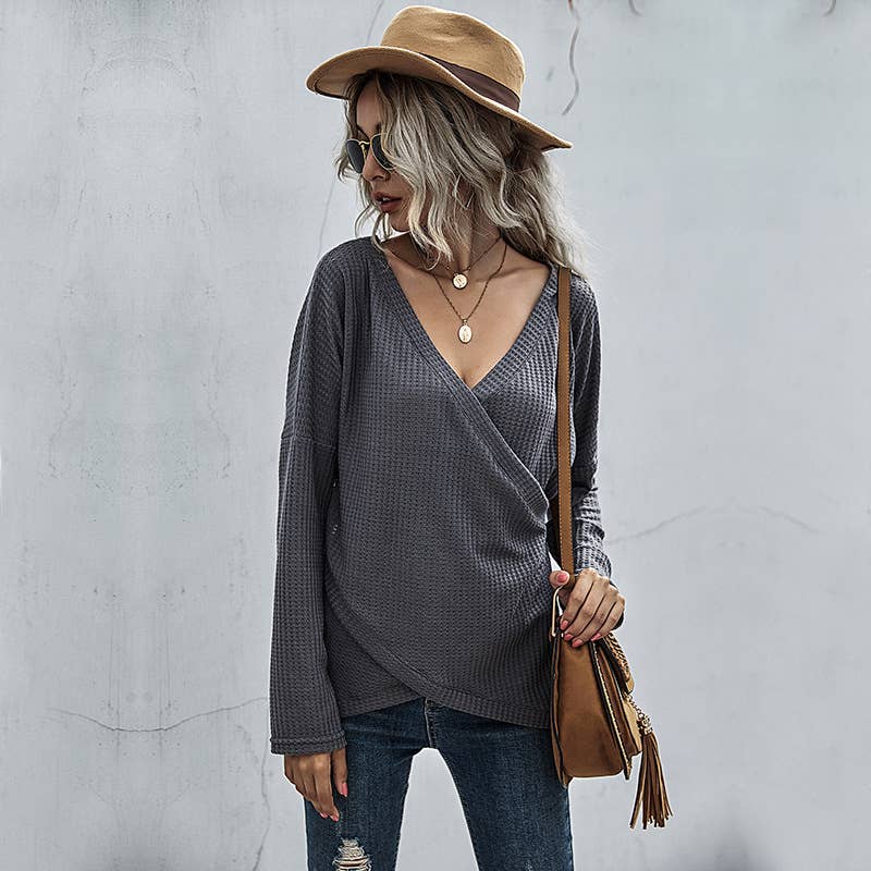 IRREGULAR LONG SLEEVE V-NECK SOLID COLOR SHIRT