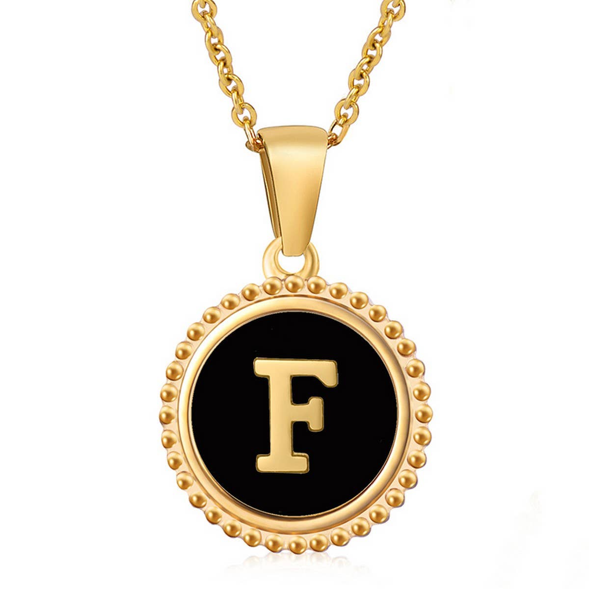 CWAJE1941_Simple Round Black Shell Letter Necklace