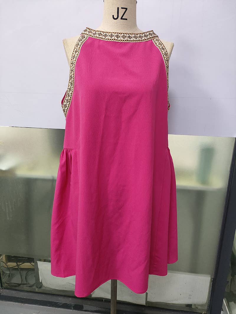 Solid-color dress hollowed-out lace patchwork