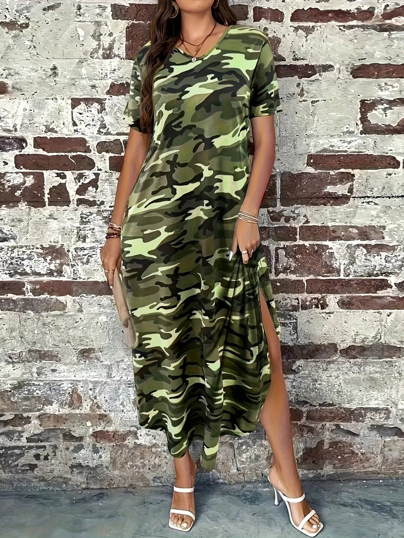 Long loose camouflage printed dress