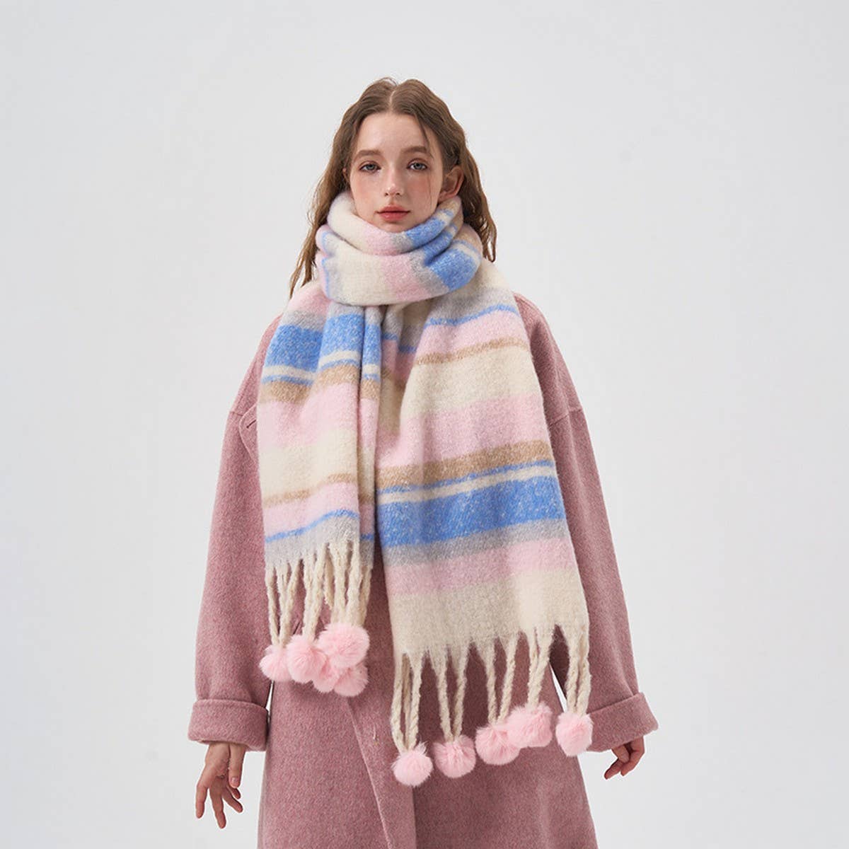 Cozy Colorblock Stripe Pom-Pom Scarf for Winter