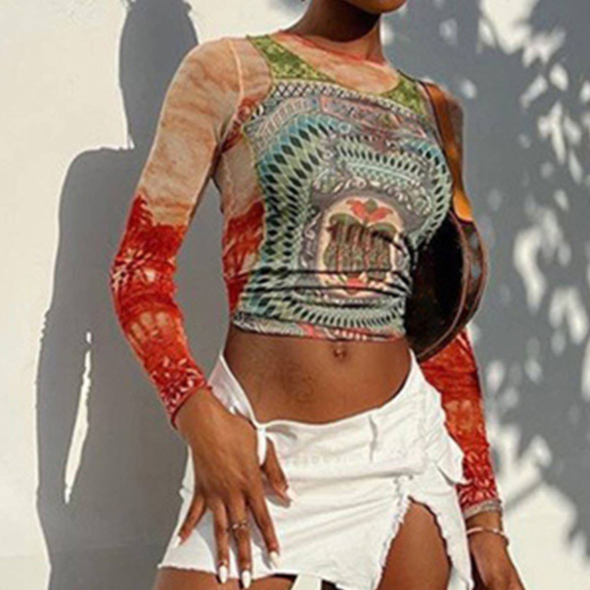 Fashion Print Colorblock Mesh Long Sleeve Top