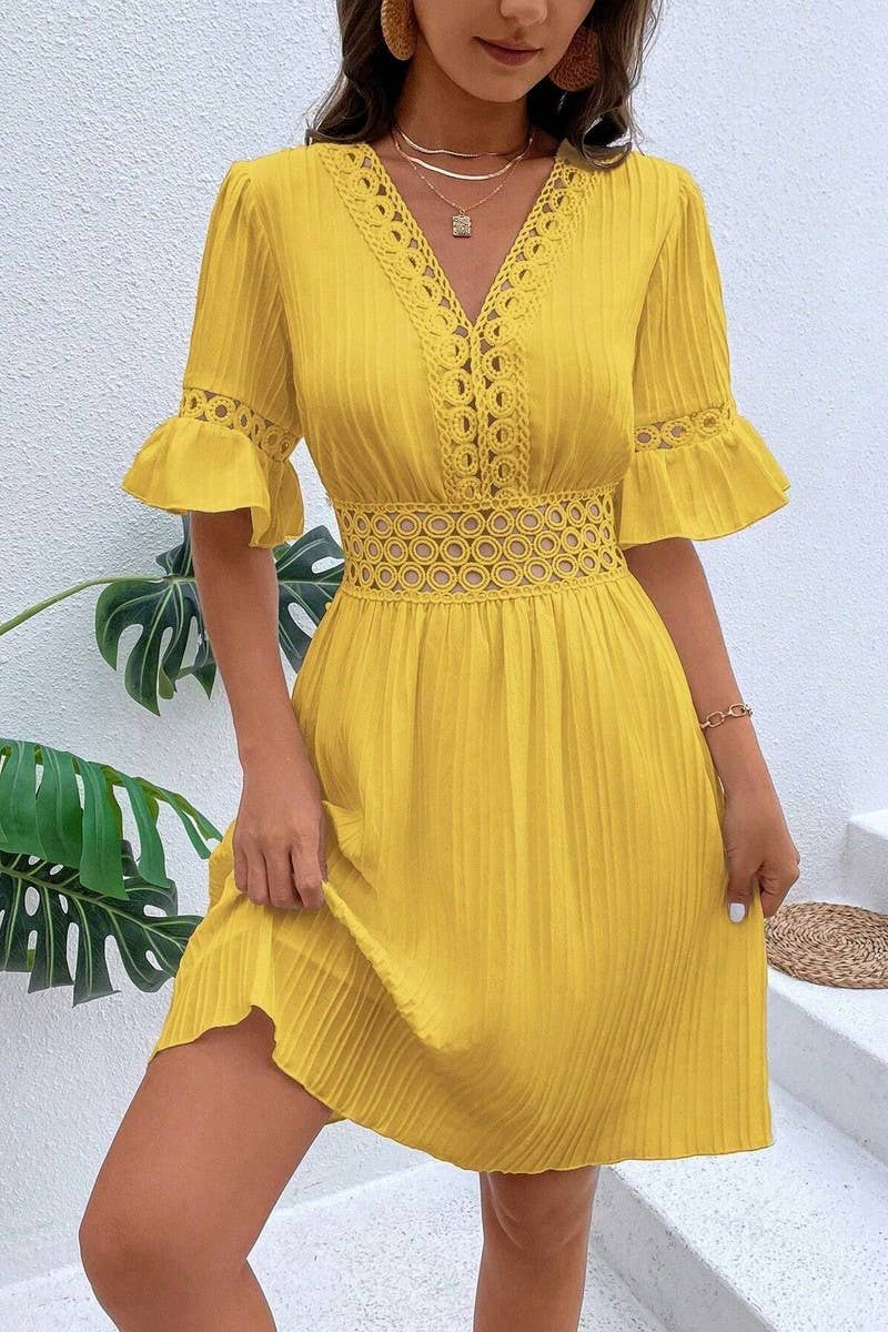 CWDSD7521_SUMMER LACE STYLISH WAIST SOLID COLOR DRESS