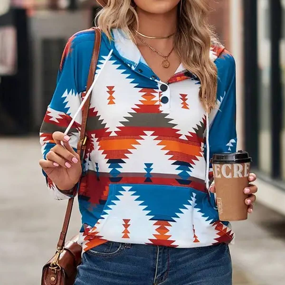 WOMEN AZTEC PRINTING DRAWSTRING WESTERN HOODIE_CWOHOL0177