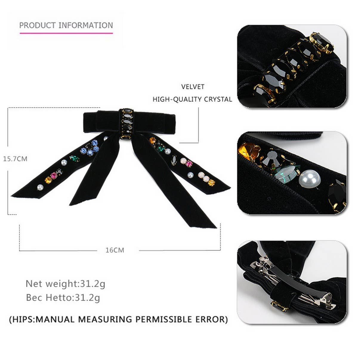 VELVET BOW PERSONALIZED DIAMOND PEARL HAIRPIN