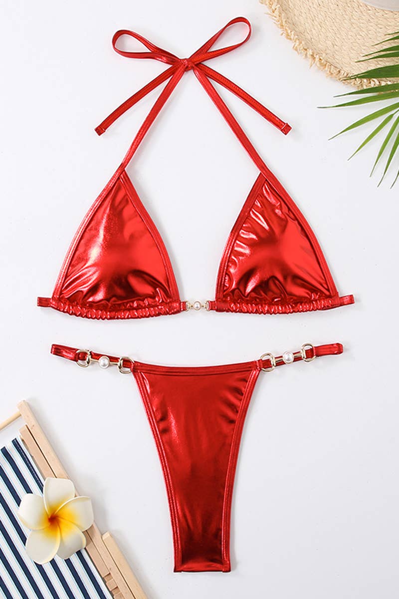 CWMW0799_WOMEN'S TWO-PIECE SHINY SWIMSUIT