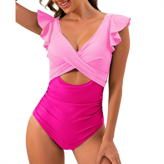 RUFFLED SMALL FLYING SLEEVE TUMMY CONTROL SWIMSUIT