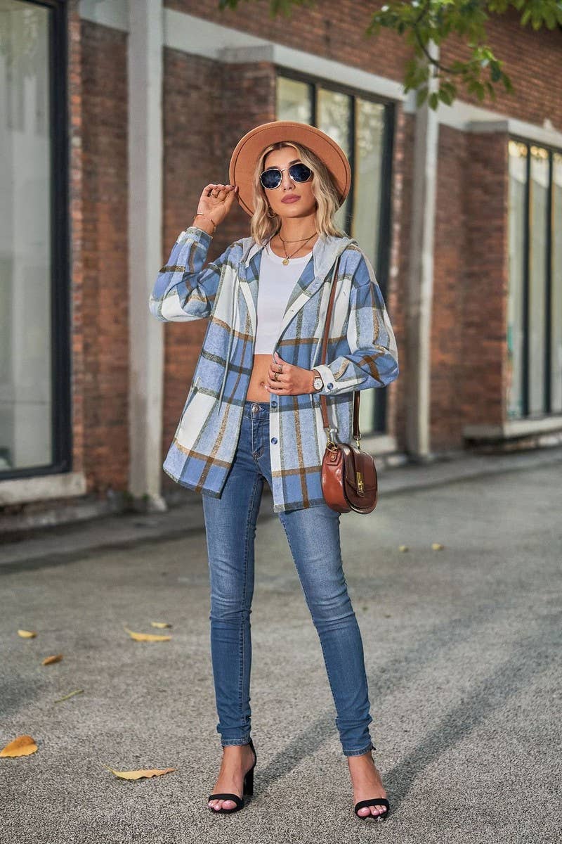 CWOCO1102_CASUAL LOOSE MID-LENGTH PLAID HOODED COAT
