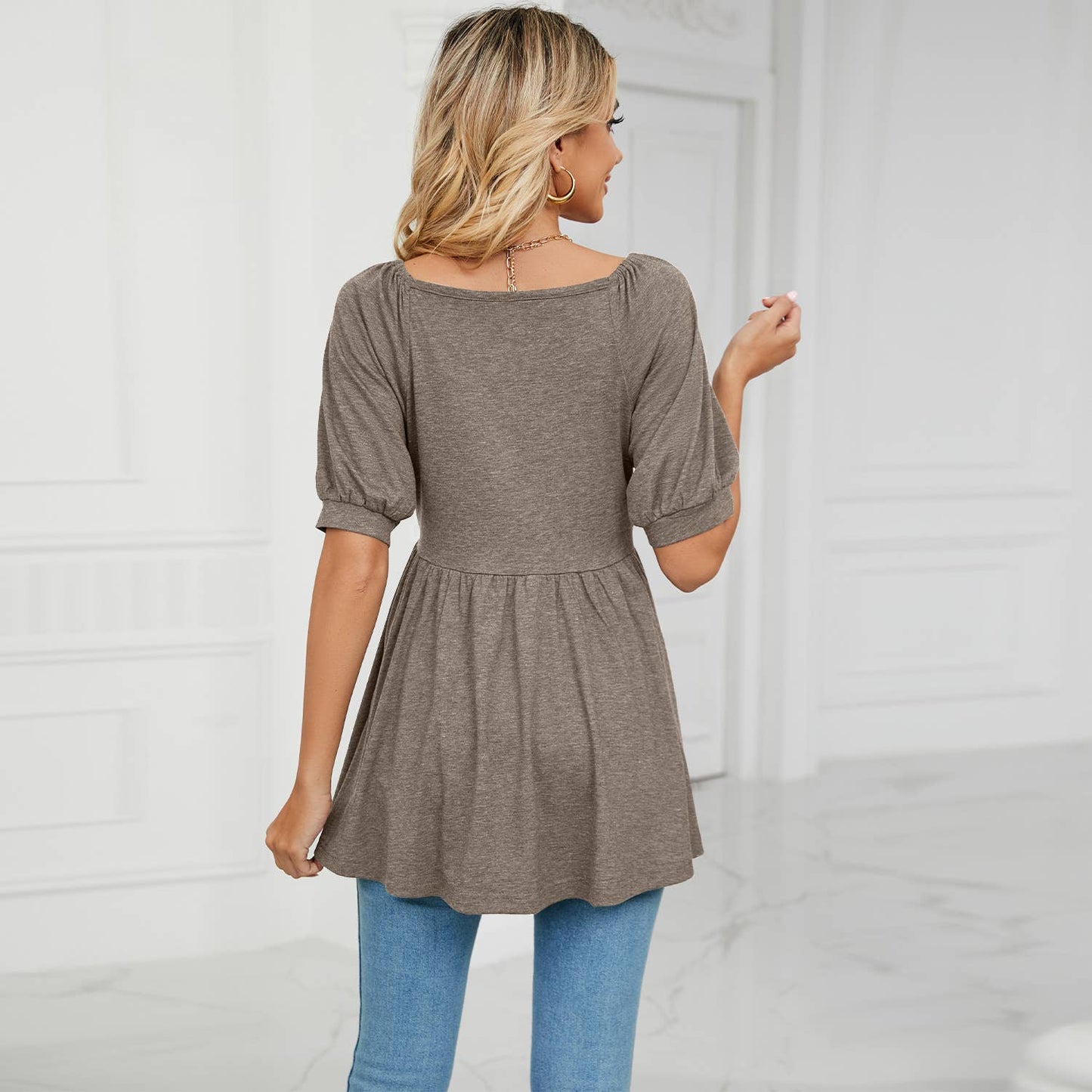 V-NECK BUBBLE SHORT SLEEVE T-SHIRT TUNIC
