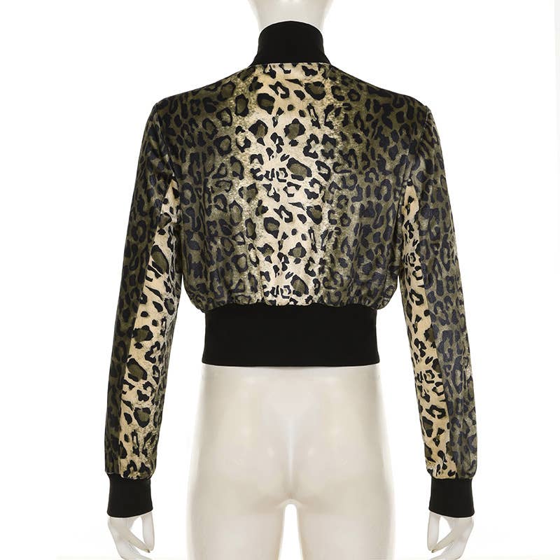 TURTLENECK RIBBED PATCHWORK LEOPARD VELVET JACKET