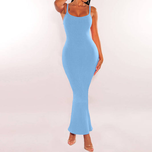 Sexy slim drop pit strip long halter dress