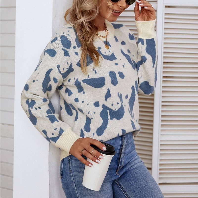 ROUND NECK COLOR CONTRAST PANDA PATTERN SWEATER